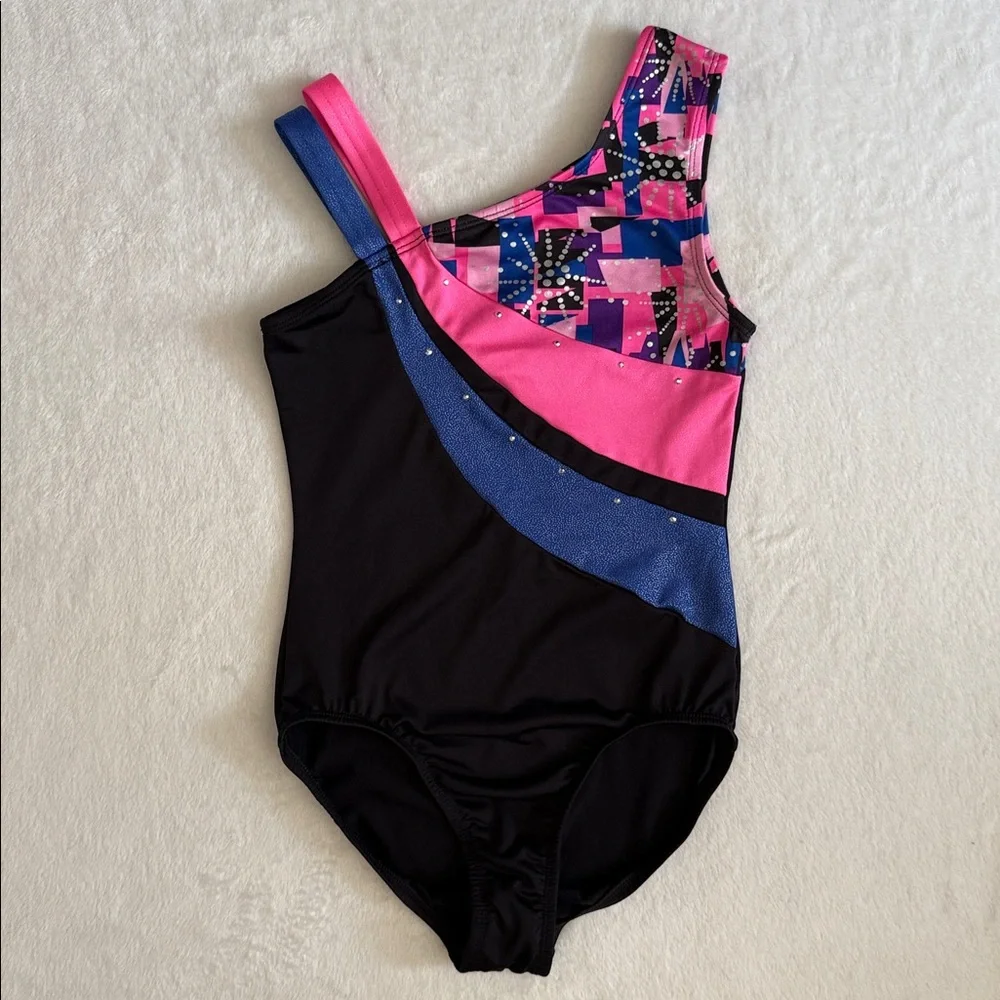 {Danskin} Freestyle | Asymmetrical Strap Geo Gymnastics Dance Leotard (L 10/12)